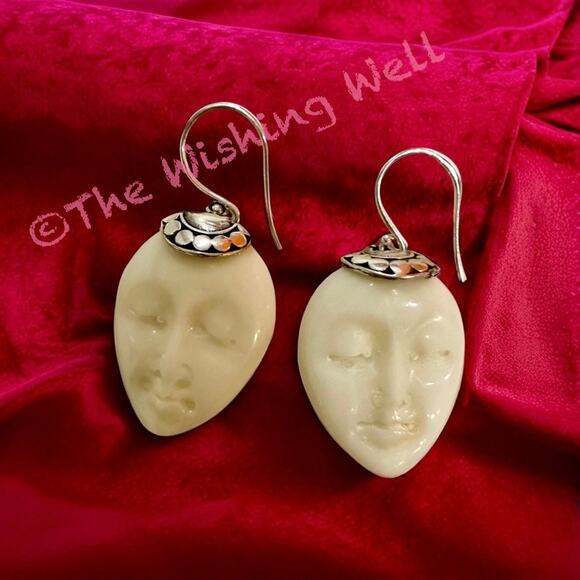 Resin Carved Goddess Face Sterling 925 Earrings - Picture 3 of 6